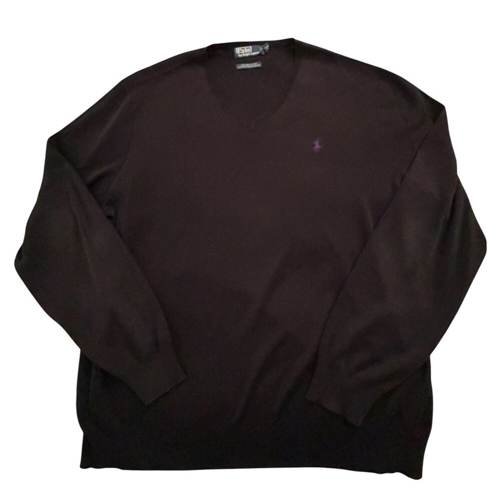 Vintage 90s Rider Logo Polo Ralph Lauren V Neck Sweater XXL Black Pima Cotton